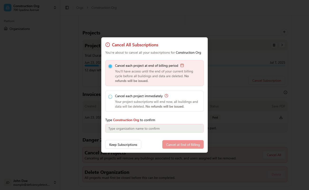 Cancel Projects Options