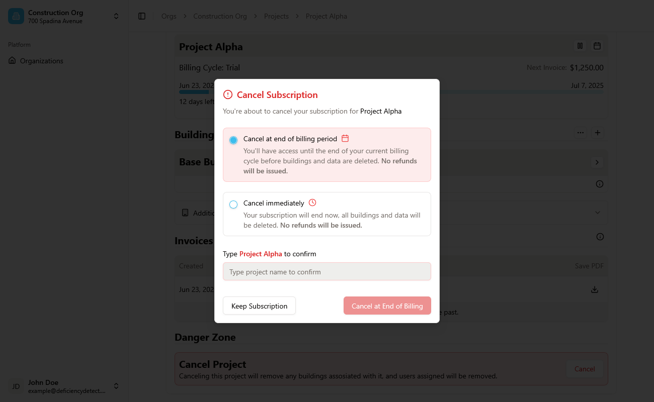 Cancel Project Options Alert
