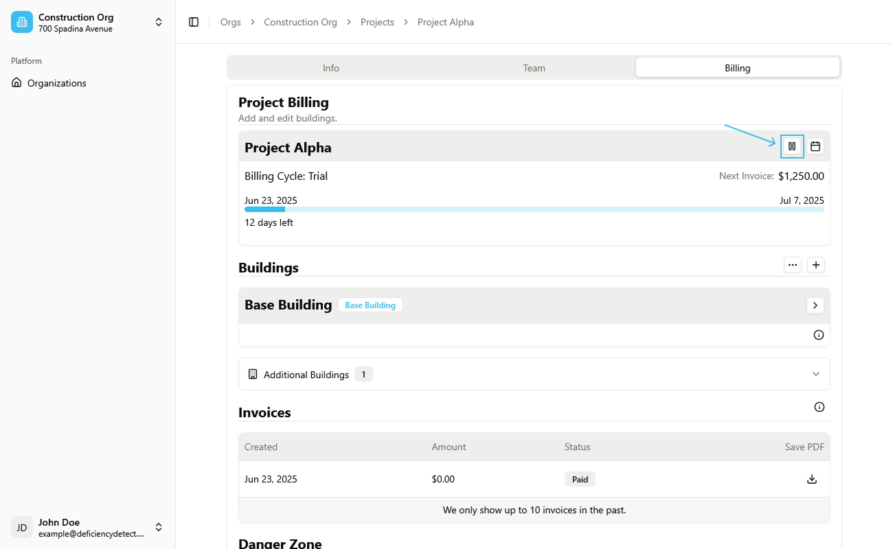 Pause Button on Billing Tab