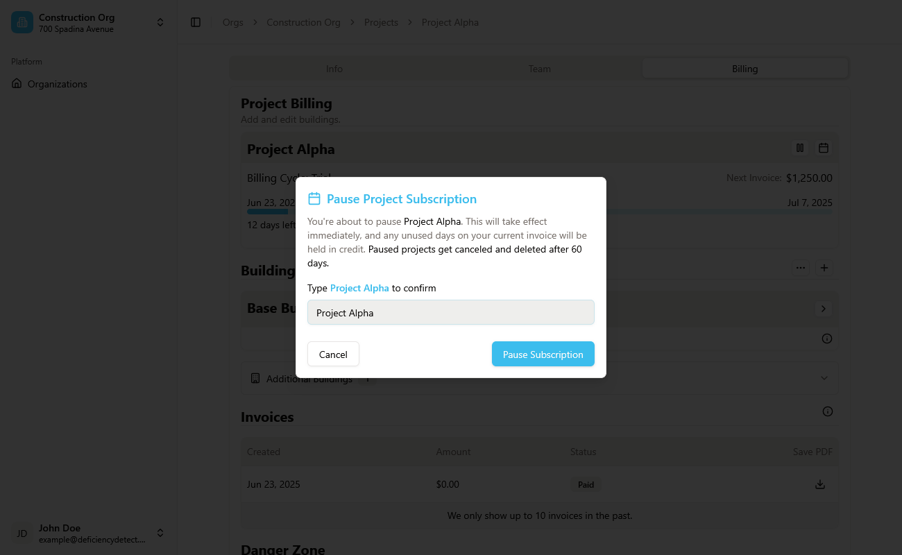 Pause Project Confirmation Alert