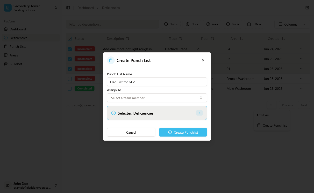 Create Punch List Dialog