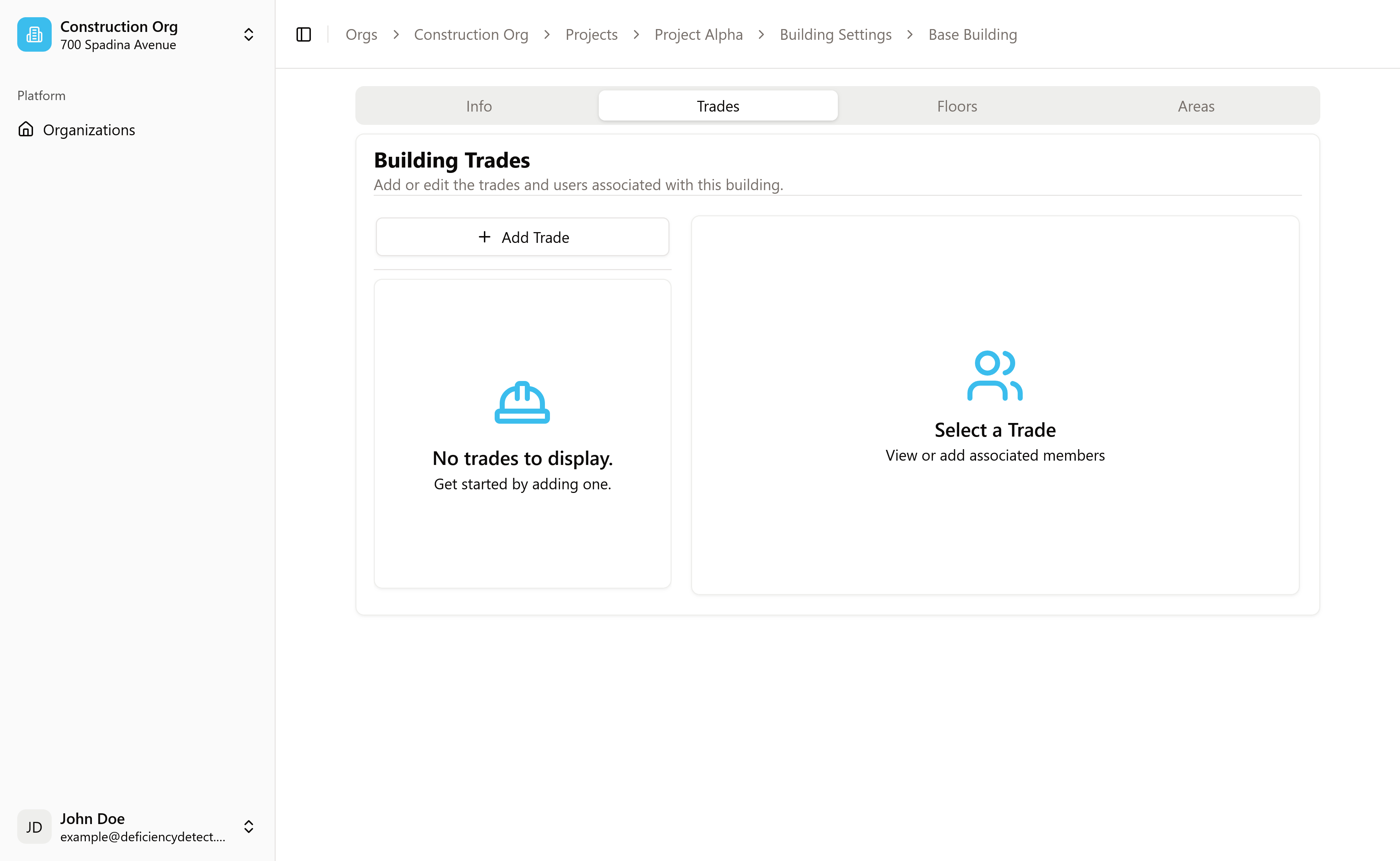 Building Settings - Trades Tab Highlighted