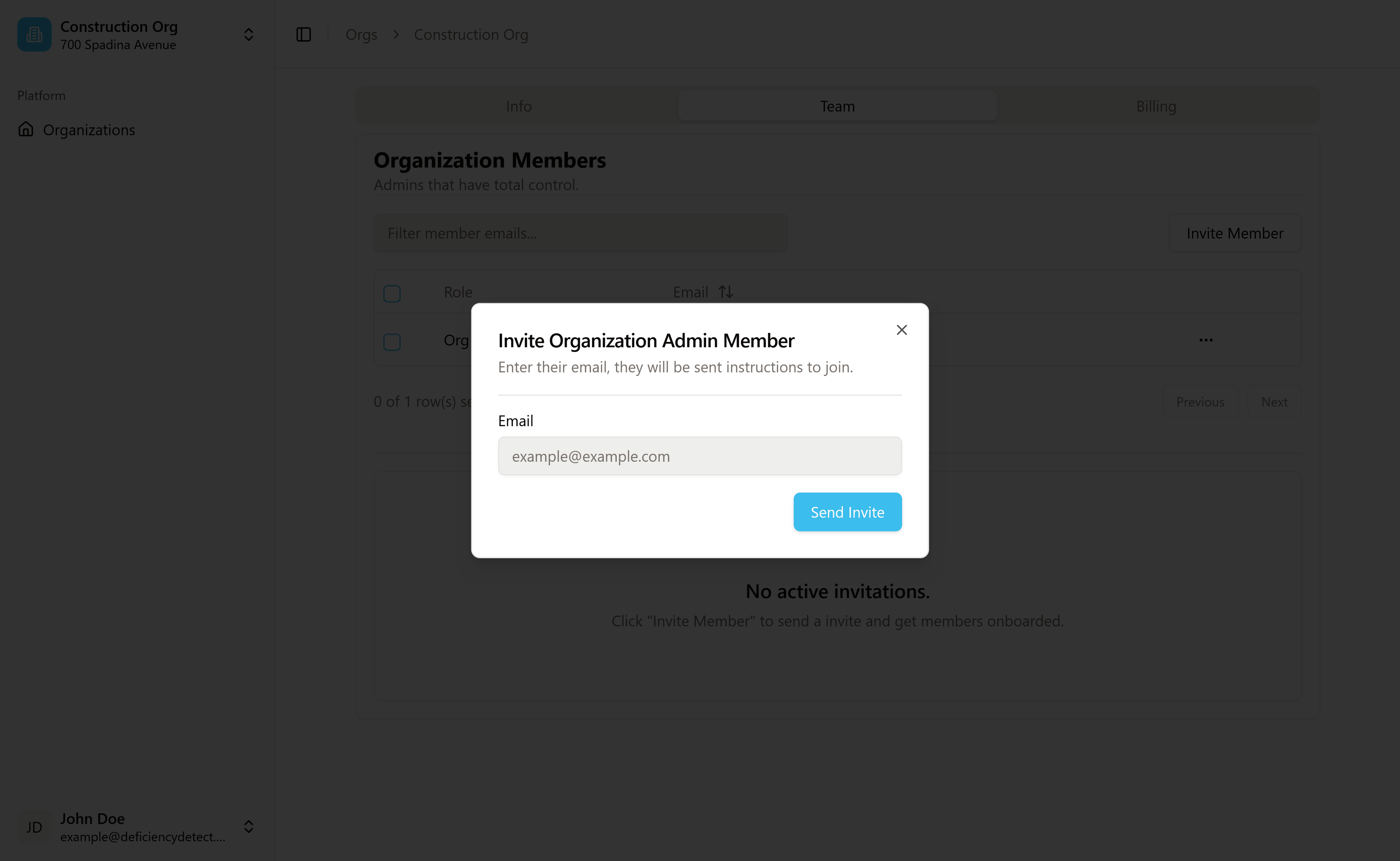 Organization Settings - Team Tab