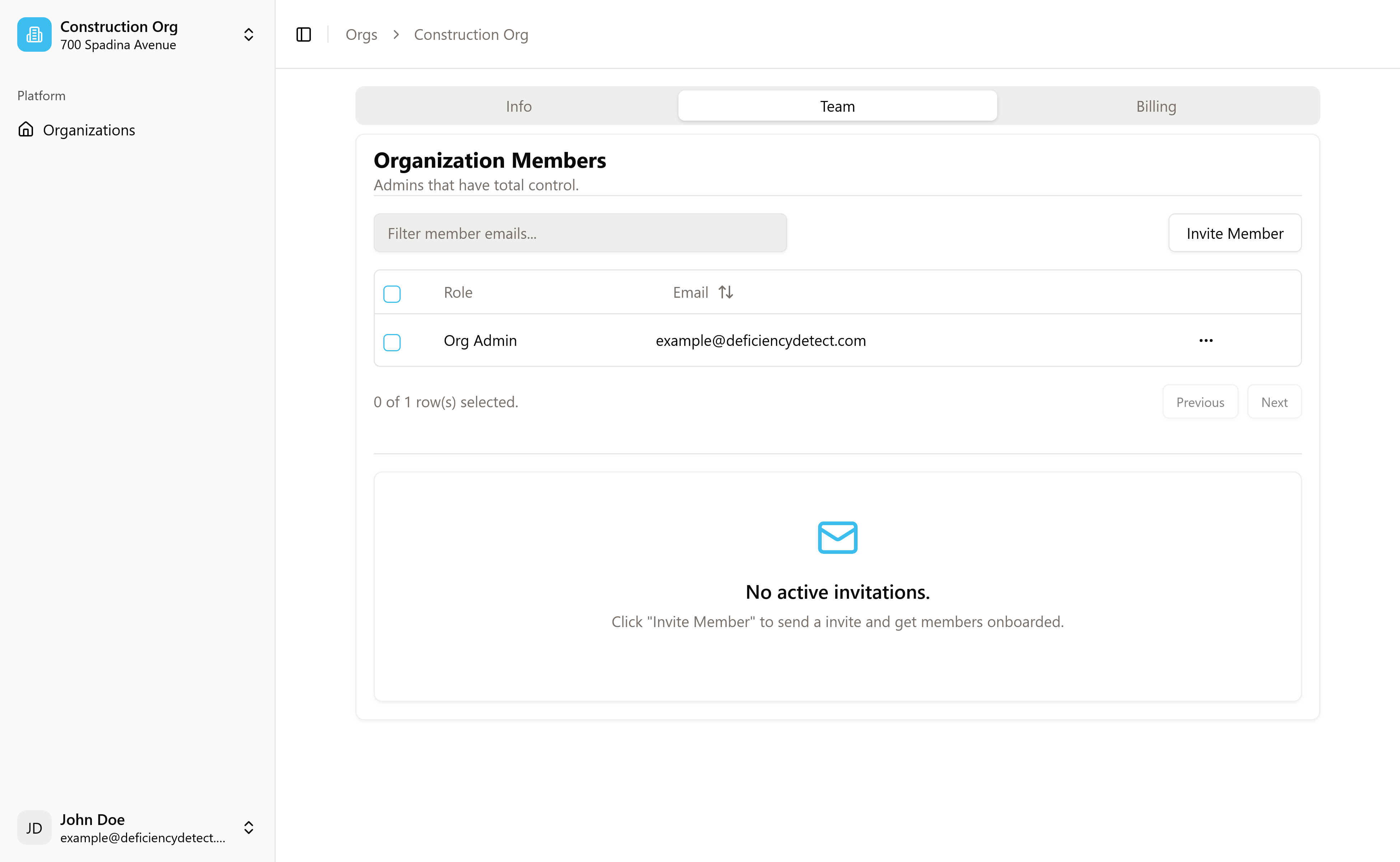 Organization Settings - Team Tab Highlighted