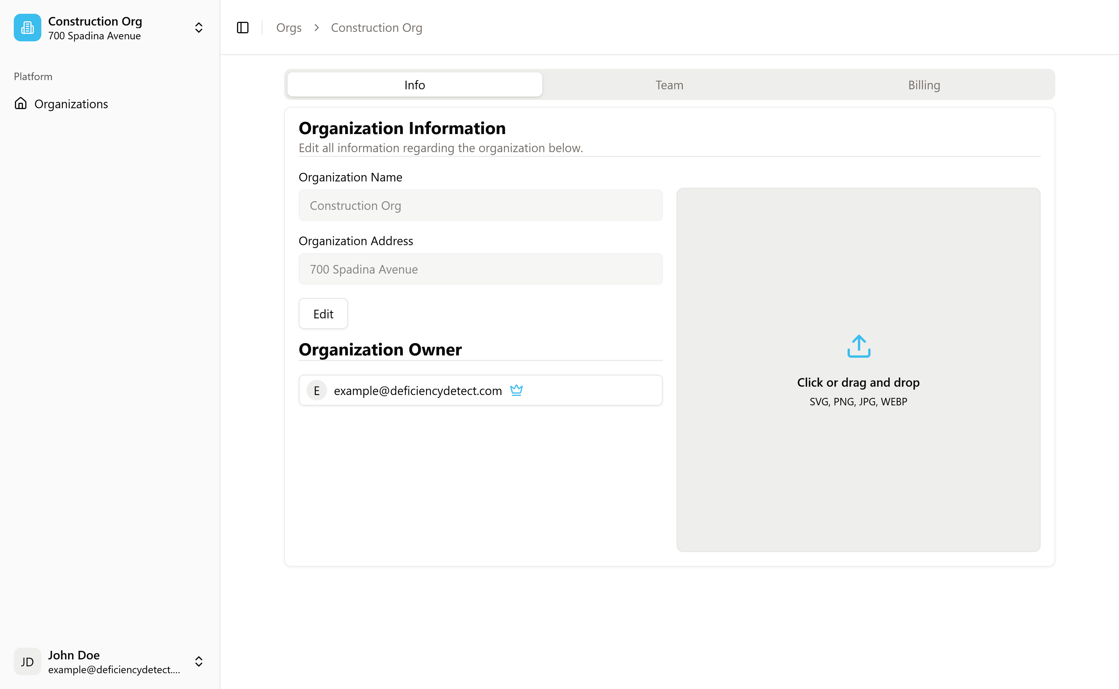 Organization Settings - Info Tab